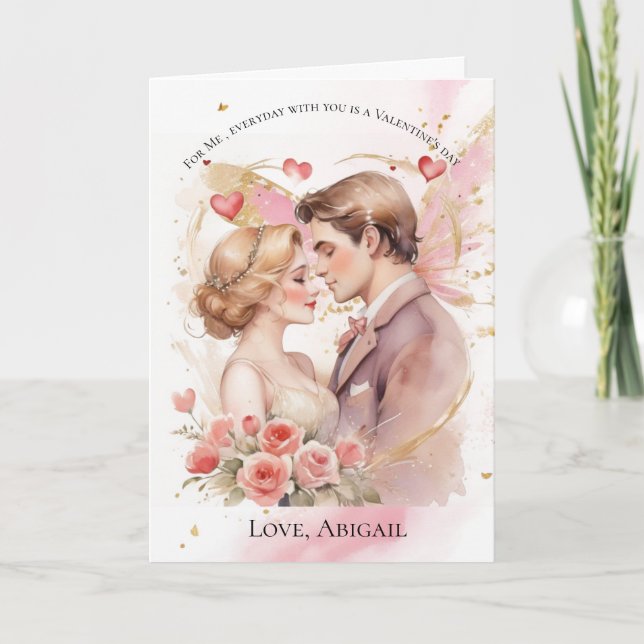 Pink Heart couple Valentine's day card for her  (Front)