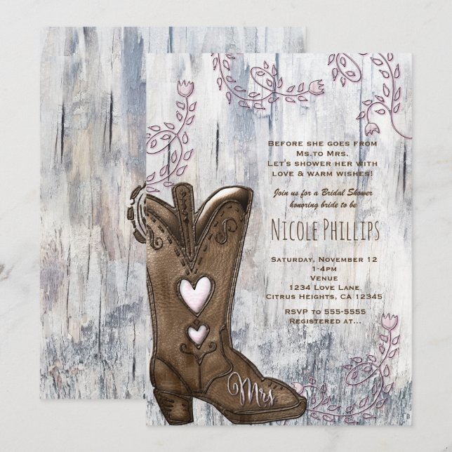 Pink Heart Cowgirl MRS Cowgirl Boots Bridal Shower Invitation (Front/Back)