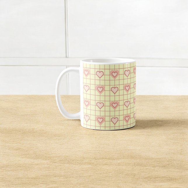 Pink Heart Cream Chequered Couple Valentine's Day  Coffee Mug (Creator Uploaded)
