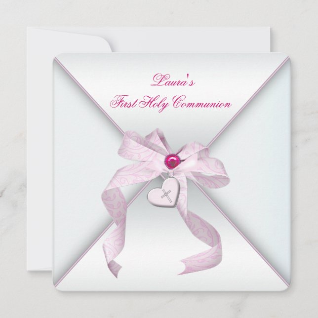 Pink Heart Cross Girls Pink First Communion Invitation (Front)