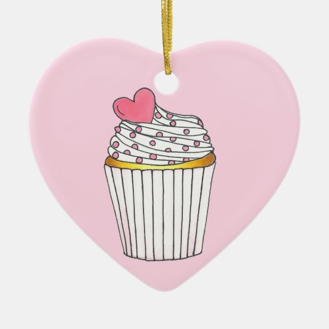 Pink Heart Cupcake Bridal Baby Shower Celebration Ceramic Tree Decoration (Front)