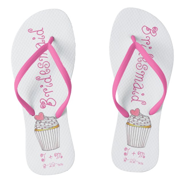 Pink Heart Cupcake Bridesmaid Wedding Flip Flops (Footbed)