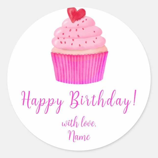 Pink Heart Cupcake Gift Tag Sticker (Front)