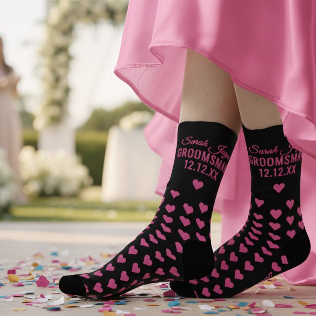 Pink Heart Custom Groomsmaid Proposal Socks ("Be My Groomsmaid Socks" will not be the socks she'll be expecting but the socks she'll say yes)