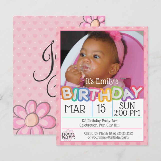 Pink Heart Custom Photo Birthday Invitation (Front/Back)