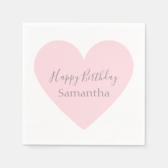 Pink Heart & Customised Grey Happy Birthday Party Napkin (Front)
