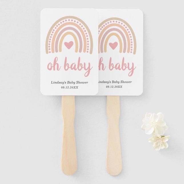 Pink Heart Cute Girl Boho Rainbow Baby Shower Hand Fan (Front and Back)