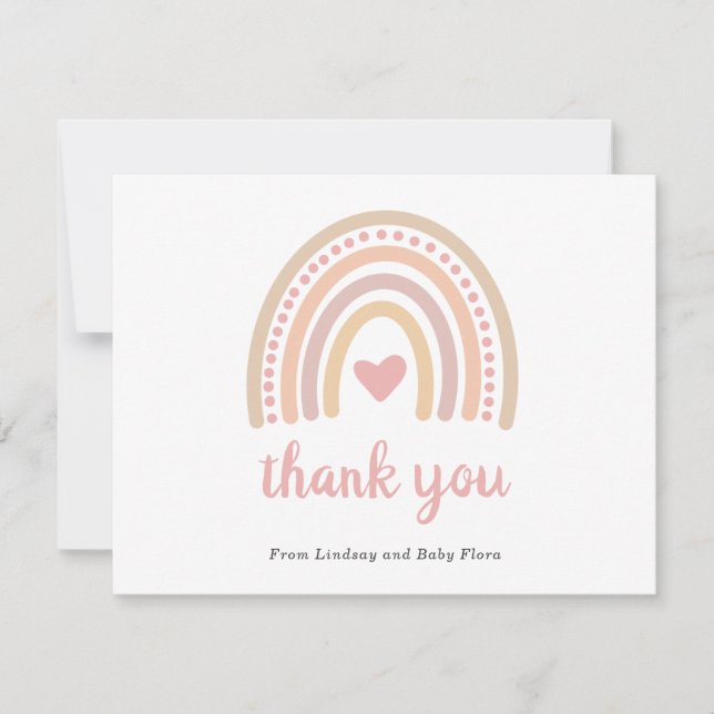 Pink Heart Cute Girl Boho Rainbow Baby Shower Thank You Card (Front)
