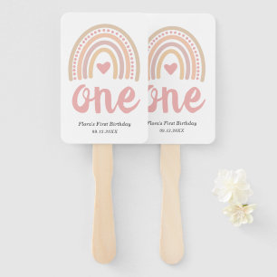 Pink Heart Cute Girl Boho Rainbow First Birthday Hand Fan