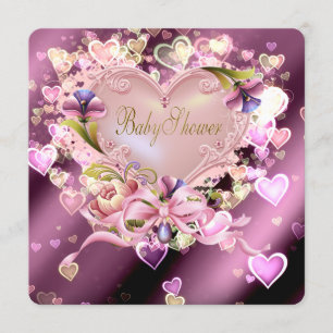 Pink Heart Damask Baby Girl Shower Invitation