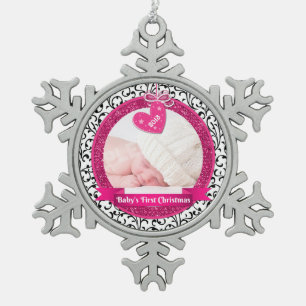 Pink Heart Damask Photo Baby's First Christmas Snowflake Pewter Christmas Ornament