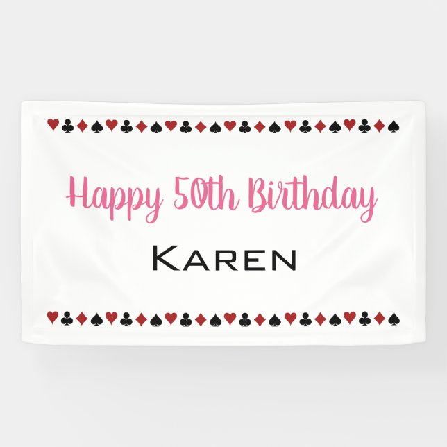 Pink Heart Diamond Spade Club Casino Birthday Banner (Horizontal)