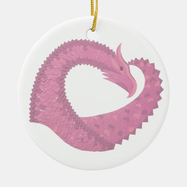 Pink heart dragon on white ceramic tree decoration (Front)