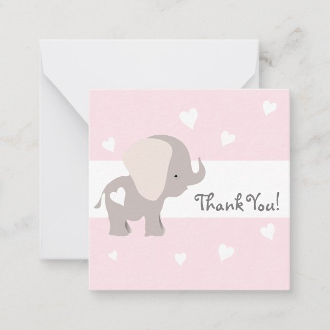 Pink Heart Elephant Thank You Notecards (Front)