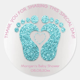 Pink Heart Feet Baby Shower Favour Thank You Blue Classic Round Sticker
