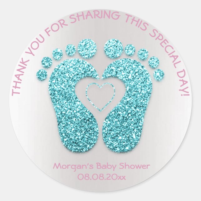 Pink Heart Feet Baby Shower Favour Thank You Blue Classic Round Sticker (Front)