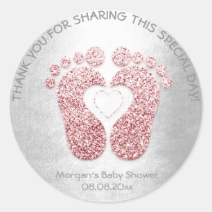 Pink Heart Feet Baby Shower Glitter Thank Grey Gir Classic Round Sticker