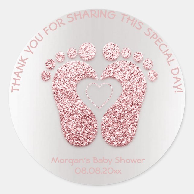 Pink Heart Feet Baby Shower Glitter Thank You Girl Classic Round Sticker (Front)