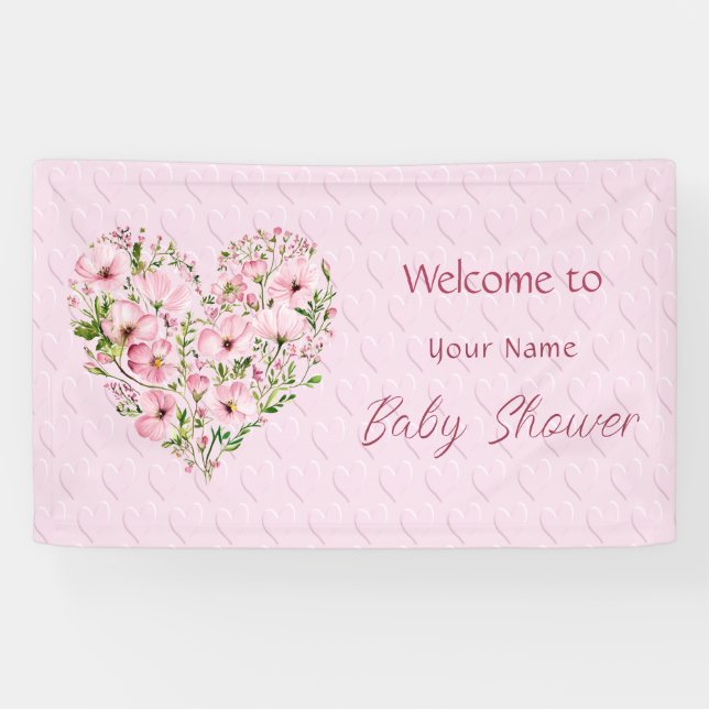 Pink Heart Floral Baby Shower Banner (Horizontal)