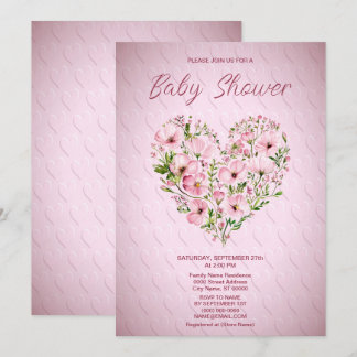 Pink Heart Floral Baby Shower Invitation