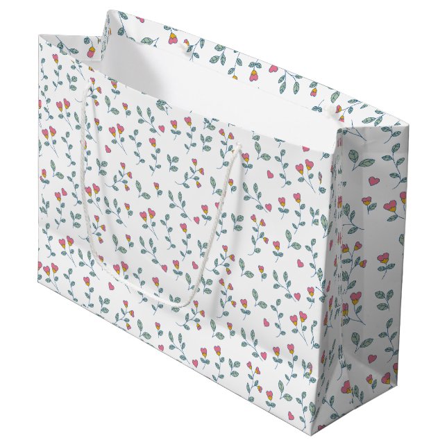 Pink Heart Floral Ditsy White Pattern Large Gift Bag (Front Angled)