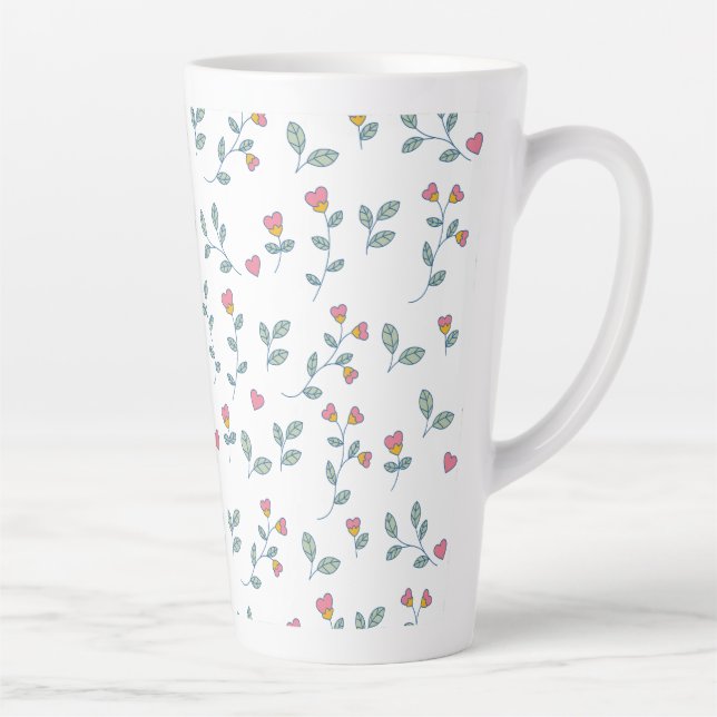 Pink Heart Floral Ditsy White Pattern Latte Mug (Right)