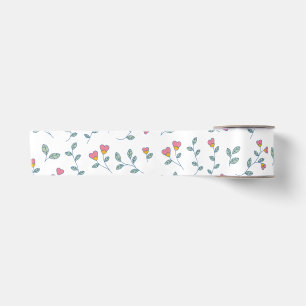 Pink Heart Floral Ditsy White Pattern Satin Ribbon