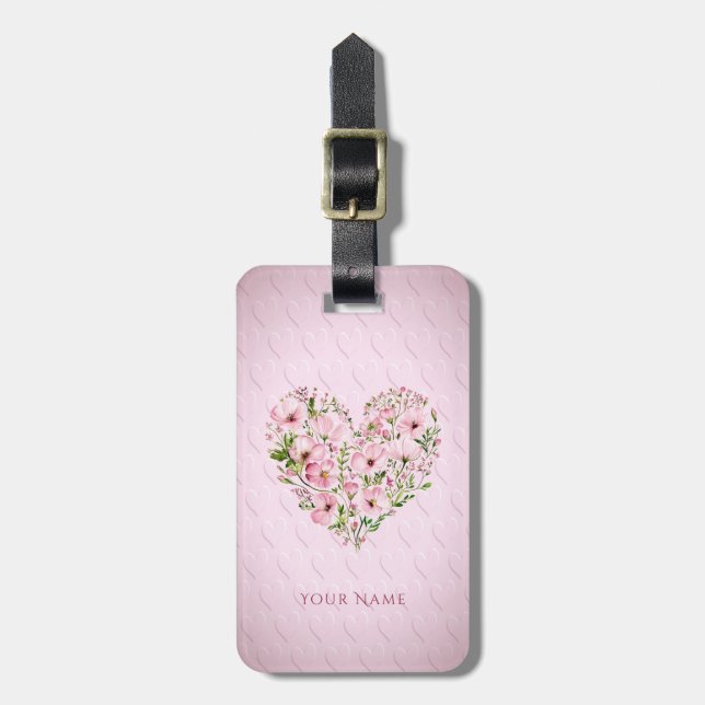 Pink Heart Floral Luggage Tag (Front Vertical)