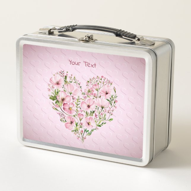 Pink Heart Floral Metal Lunch Box (Front)
