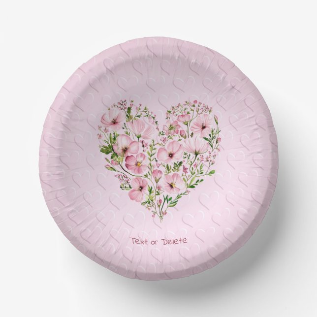 Pink Heart Floral Paper Bowl Paper Plate (Front)