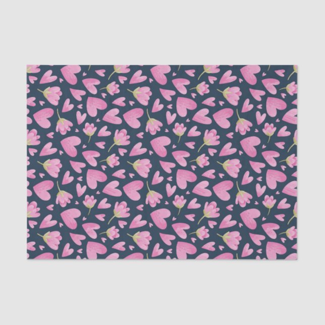 Pink Heart Floral Pattern Cute Valentine's Day Tissue Paper (Front)
