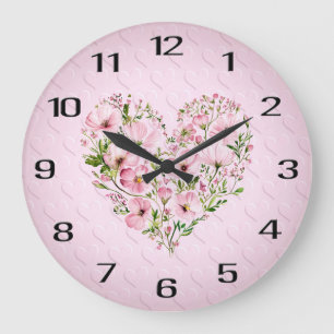 Pink Heart Floral Wall Clock