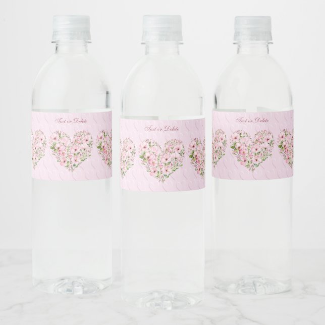Pink Heart Floral Water Bottle Label (Bottles)