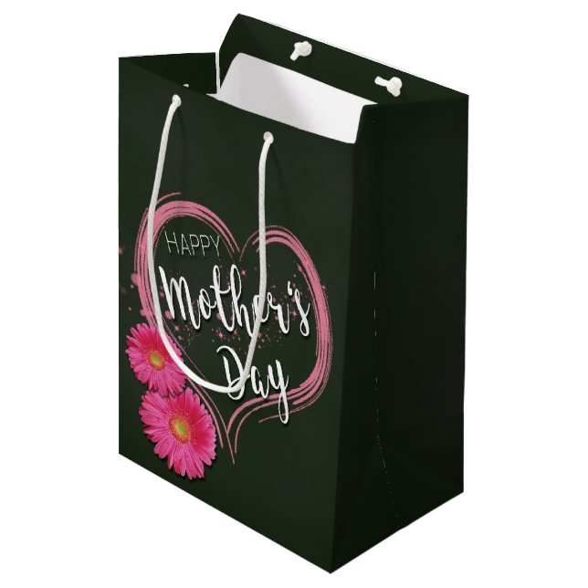 Pink Heart Flowers Mother's Day - Medium Gift Bag (Front Angled)
