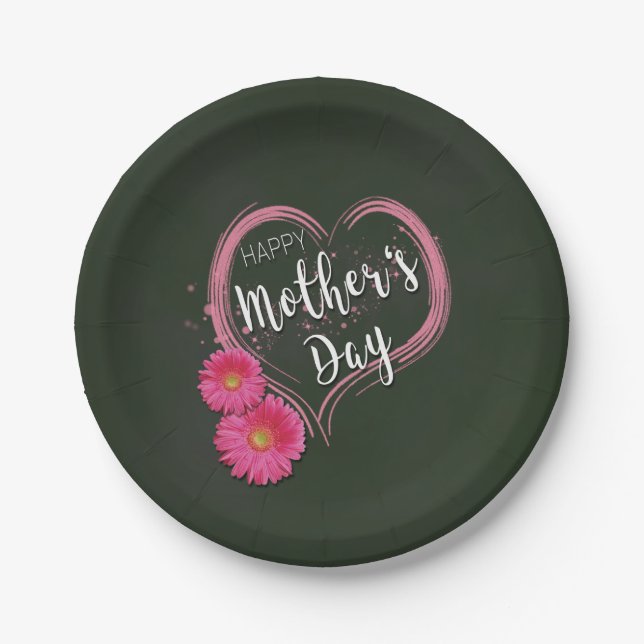 Pink Heart Flowers Mother's Day - Paper Plate (Front)