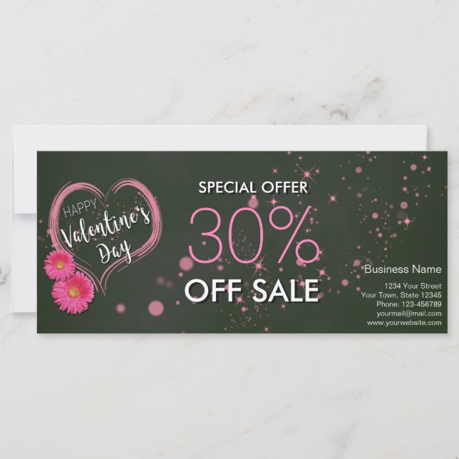 Pink Heart Flowers Valentine's Day Discount Card (Front)