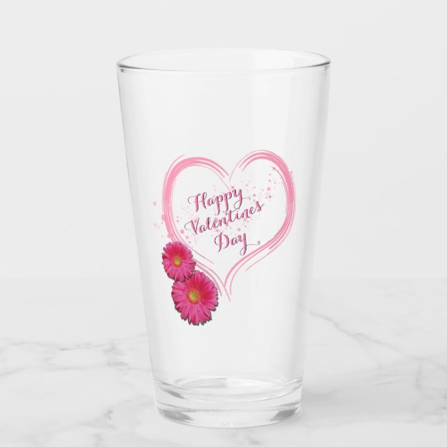 Pink Heart Flowers Valentine's Day Glass (Front)