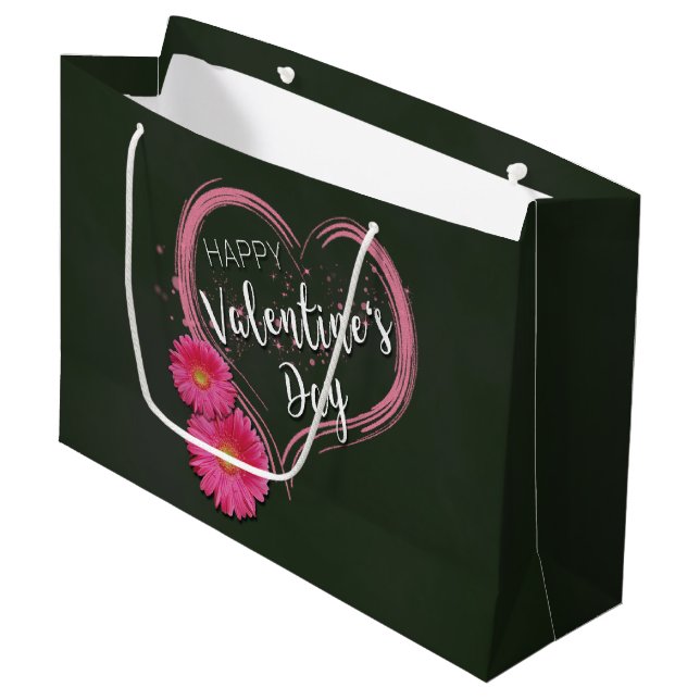Pink Heart Flowers Valentine's Day Large Gift Bag (Front Angled)