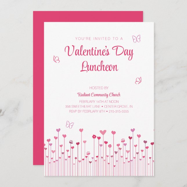 Pink Heart Flowers Valentine's Day Luncheon  Invitation (Front/Back)