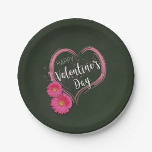 Pink Heart Flowers Valentine's Day - Paper Plate