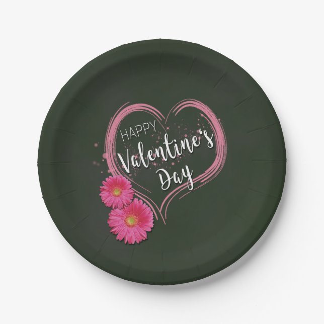 Pink Heart Flowers Valentine's Day - Paper Plate (Front)