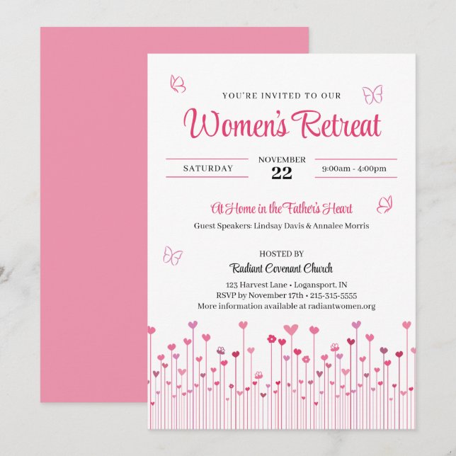 Pink Heart Flowers Women's Church Retreat Invitation (Front/Back)