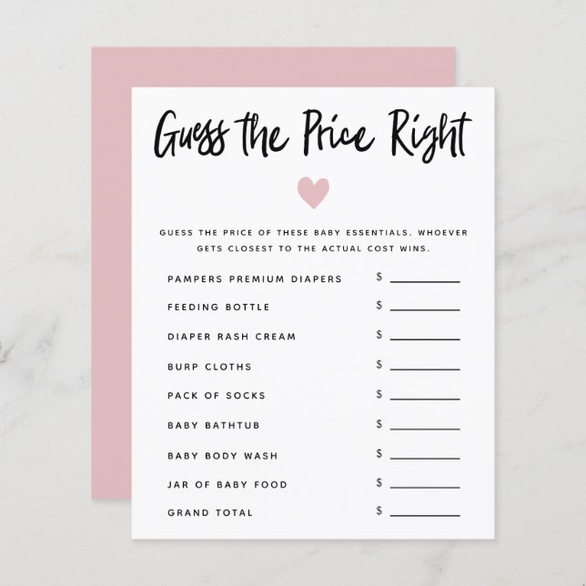 Pink Heart Girl Baby Shower Guess The Price Right (Front/Back)