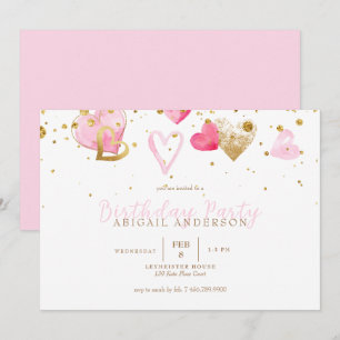 Pink Heart Girl Birthday Party Invitation