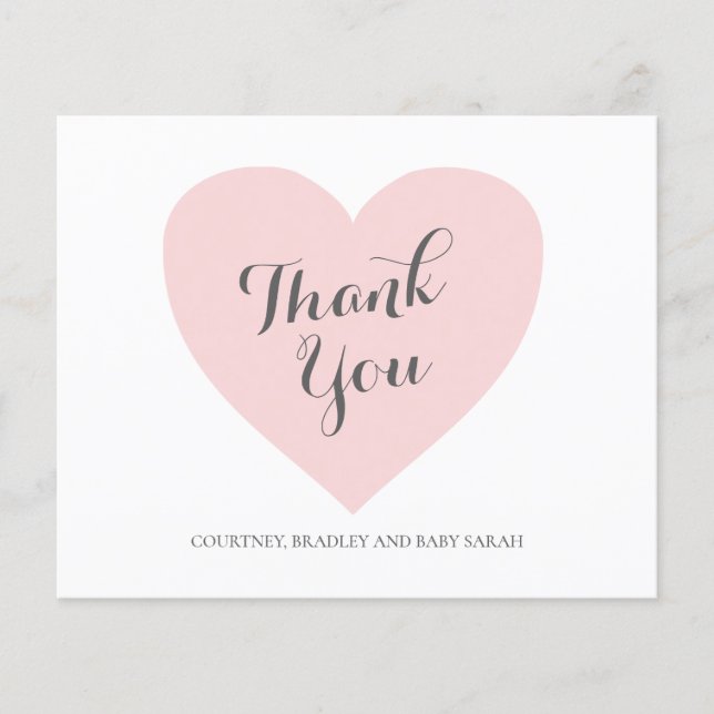 Pink Heart Girl Budget Baby Shower Thank You Card (Front)