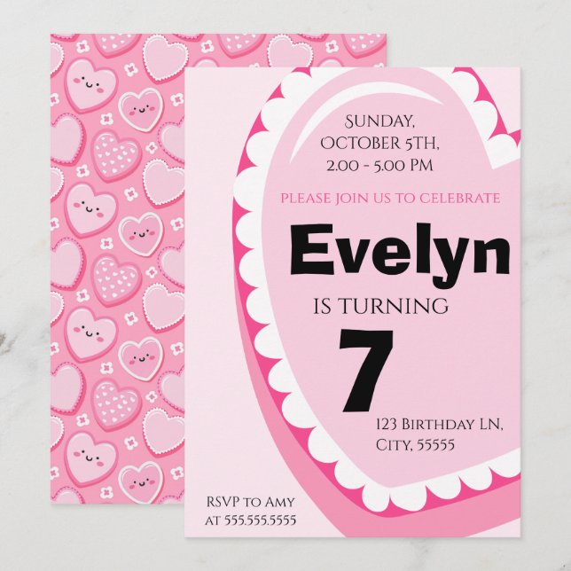 Pink Heart Girl Kids Birthday Party Invitation  (Front/Back)