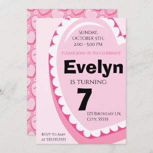 Pink Heart Girl Kids Birthday Party Invitation 
