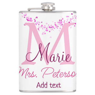 Pink heart glitter monogram teacher Mrs. Modern gi Hip Flask