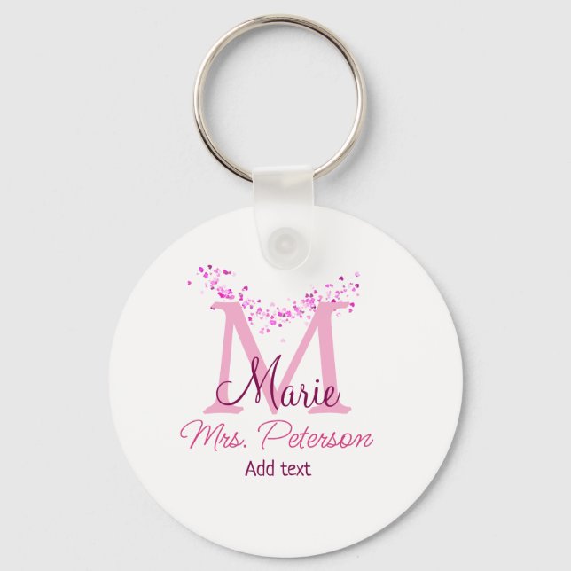 Pink heart glitter monogram teacher Mrs. Modern gi Key Ring (Front)