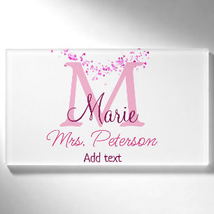 Pink heart glitter monogram teacher Mrs. Modern gi Name Tag
